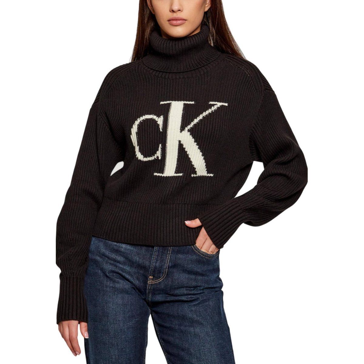 Rippstrick-Rollkragen mit Logo-Print