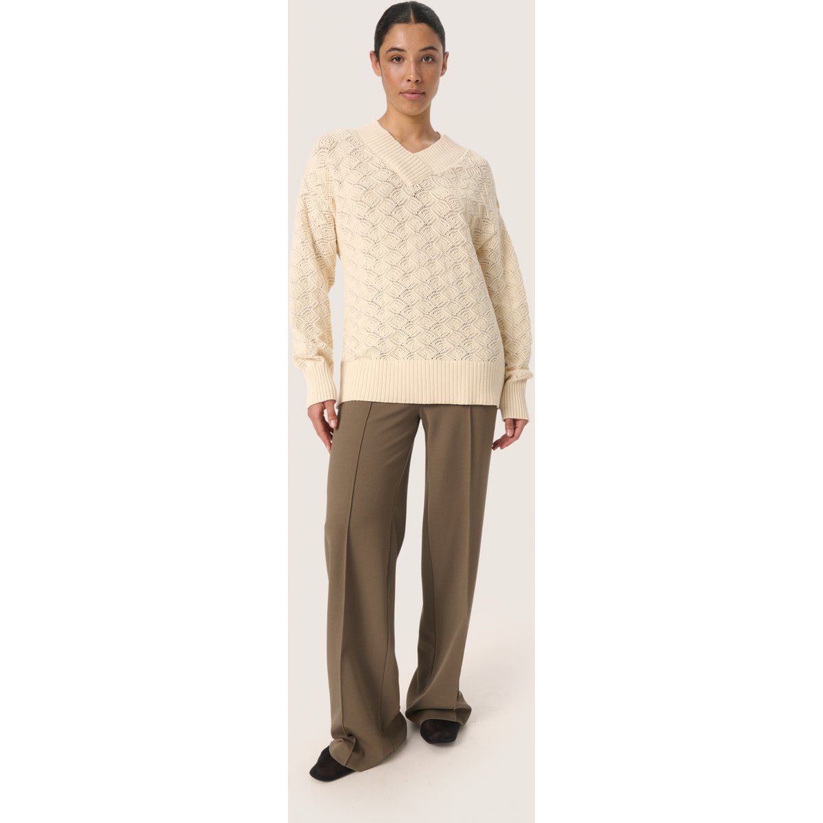 Strukturierter Lockerer V-Ausschnitt Pullover