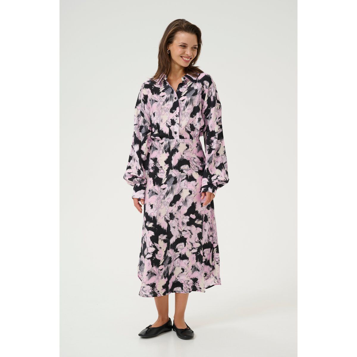Midi-Hemdblusenkleid mit Pinselstrich-Muster