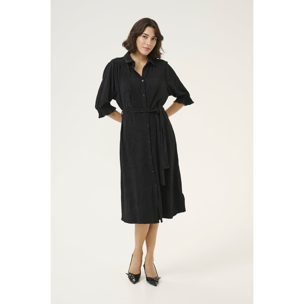 Plissiertes Midikleid mit Knopfleiste
