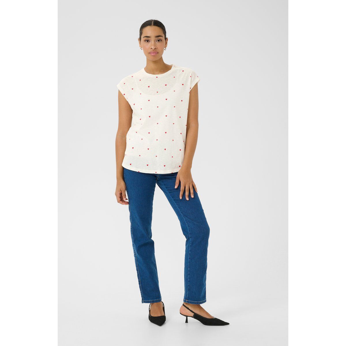 Locker geschnittenes Herz-Print Baumwollshirt