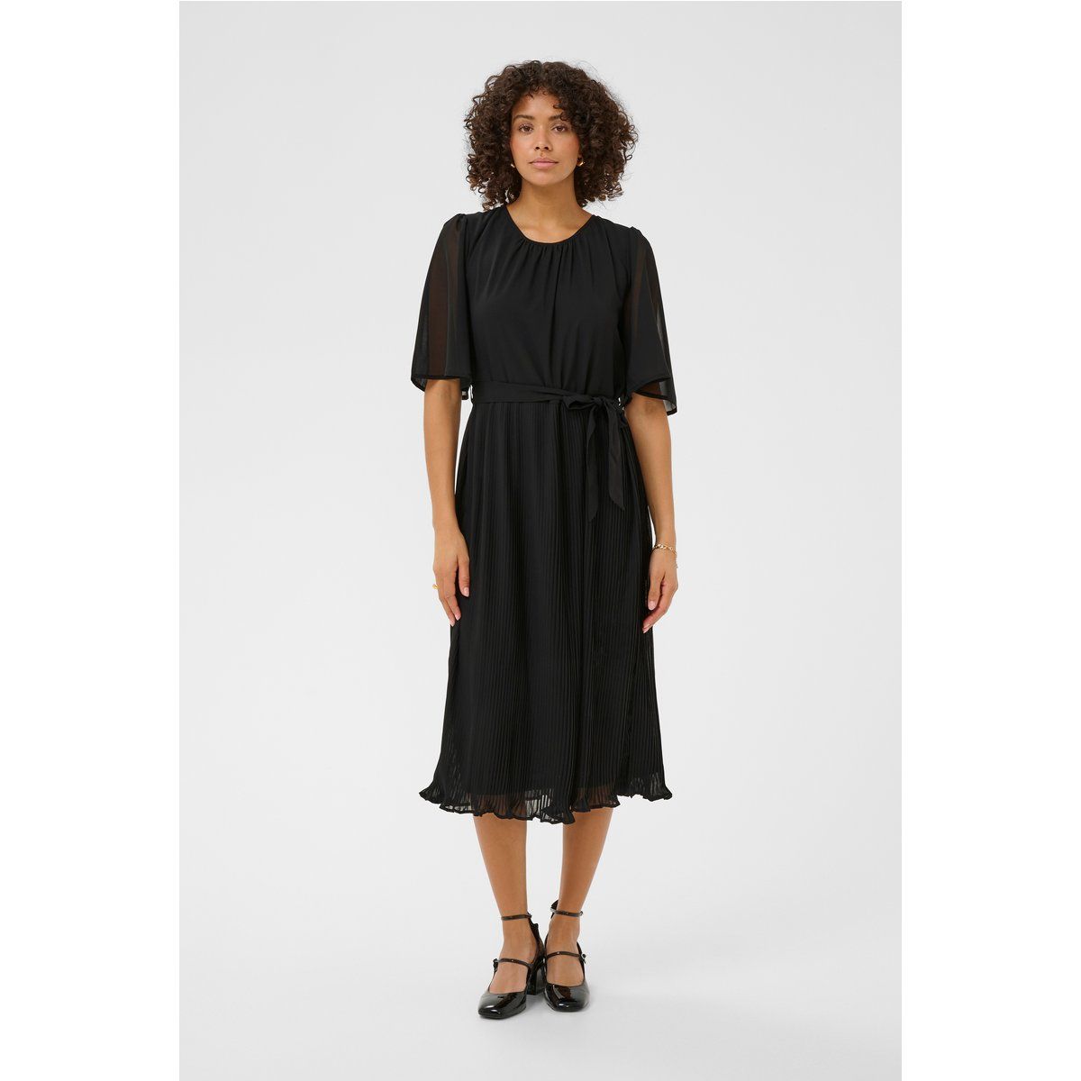 Plissee-Midikleid mit transparenten Ärmeln