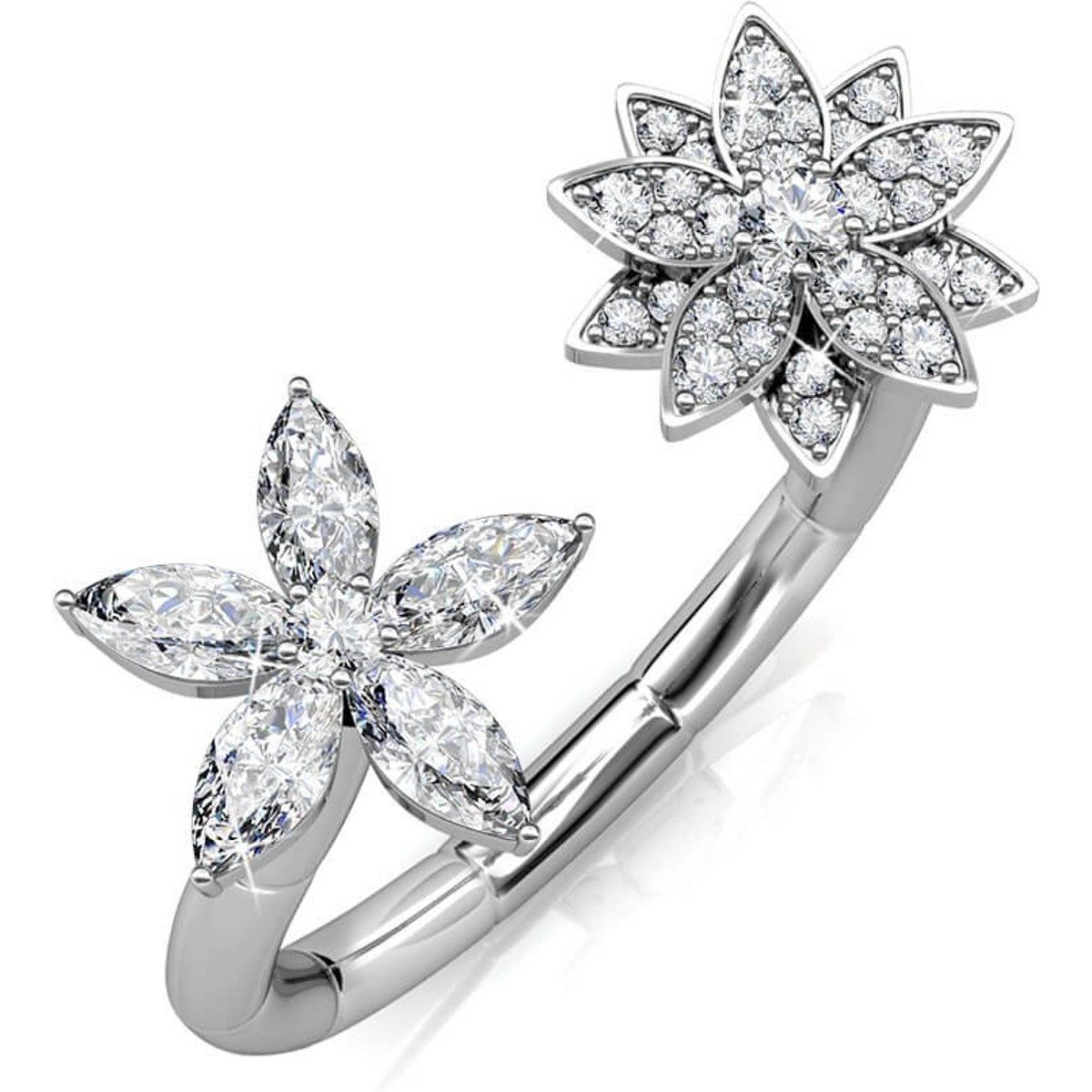 Eleganter offener Ring mit Kristallblumen