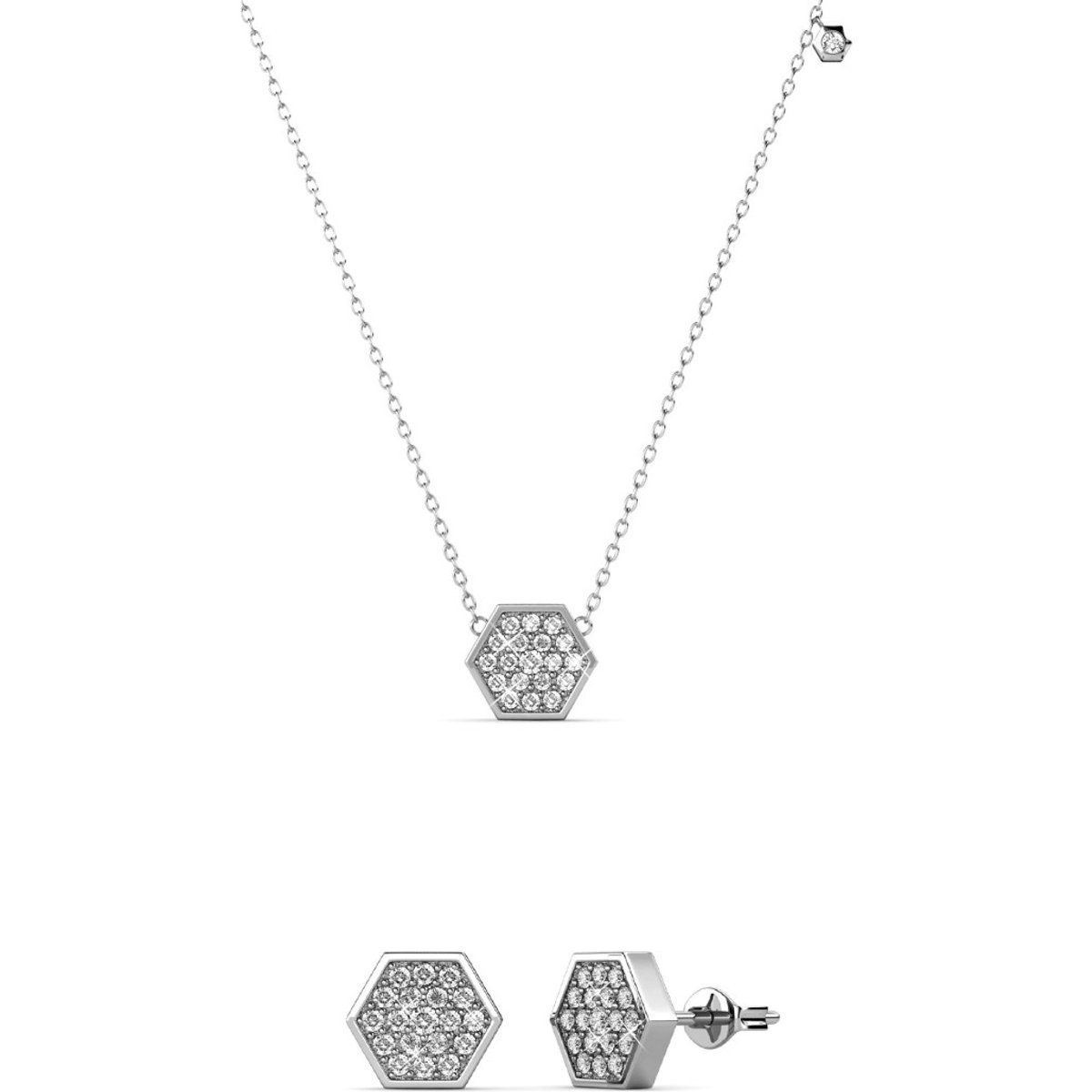 Sechseckiges Kristall Schmuckset Silberton