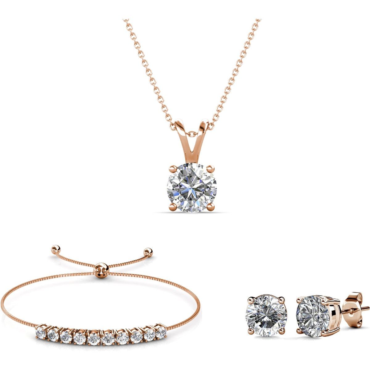 Kristall Solitär Schmuckset in Roségold