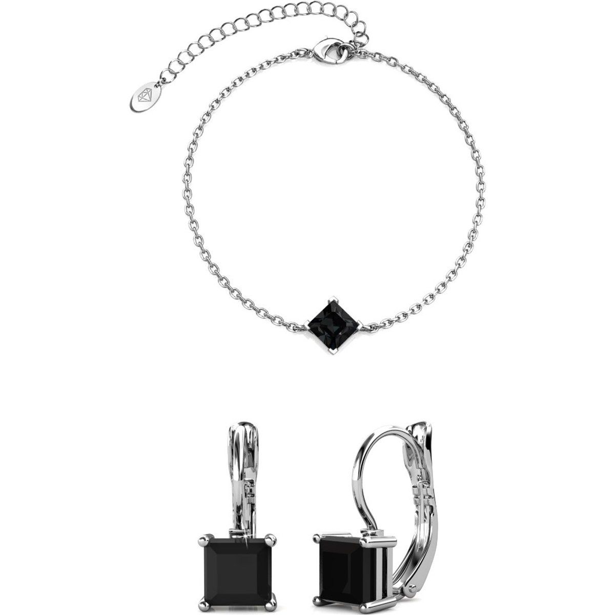 Quadratisches Schmuckset mit schwarzen Kristallen