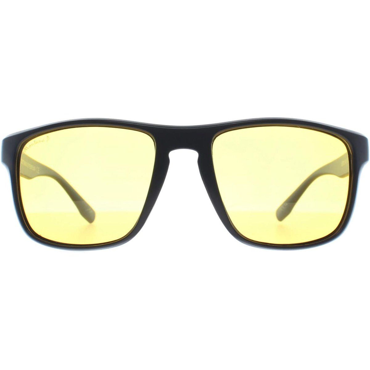 Schwarze Sonnenbrille mit gelben Gläsern im eckigen Rahmen