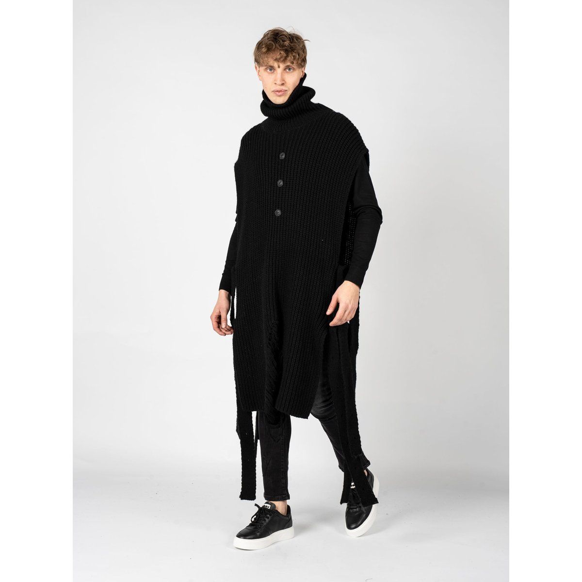 Herren Schwarzer Strick Rollkragen Poncho
