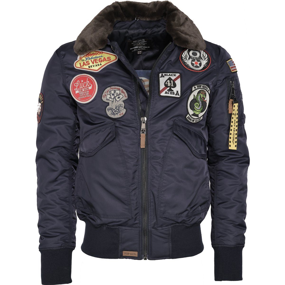 Bomberjacke mit Aufnähern und Kunstfellkragen