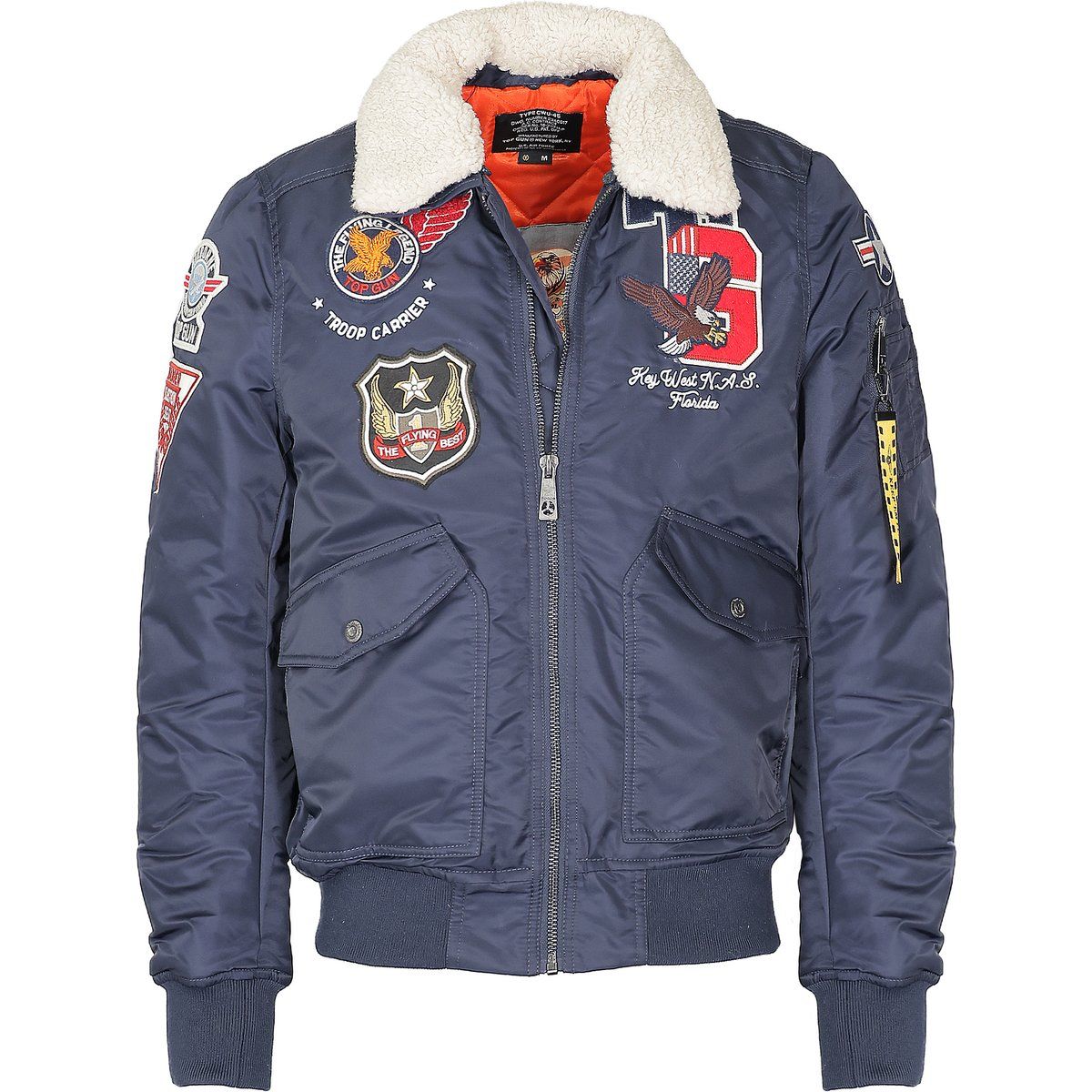 Bomberjacke mit Aufnähern und Kunstfellkragen