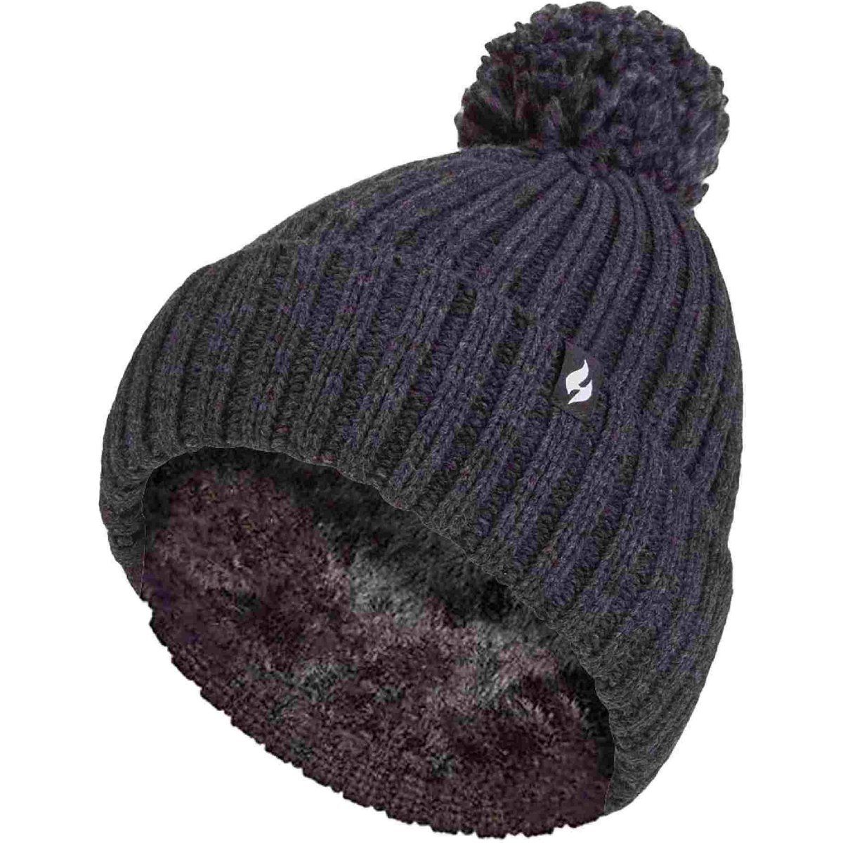 Damen Rippstrick-Mütze mit Umschlag und Thermoisolierung, Winter-Pompon-Haube