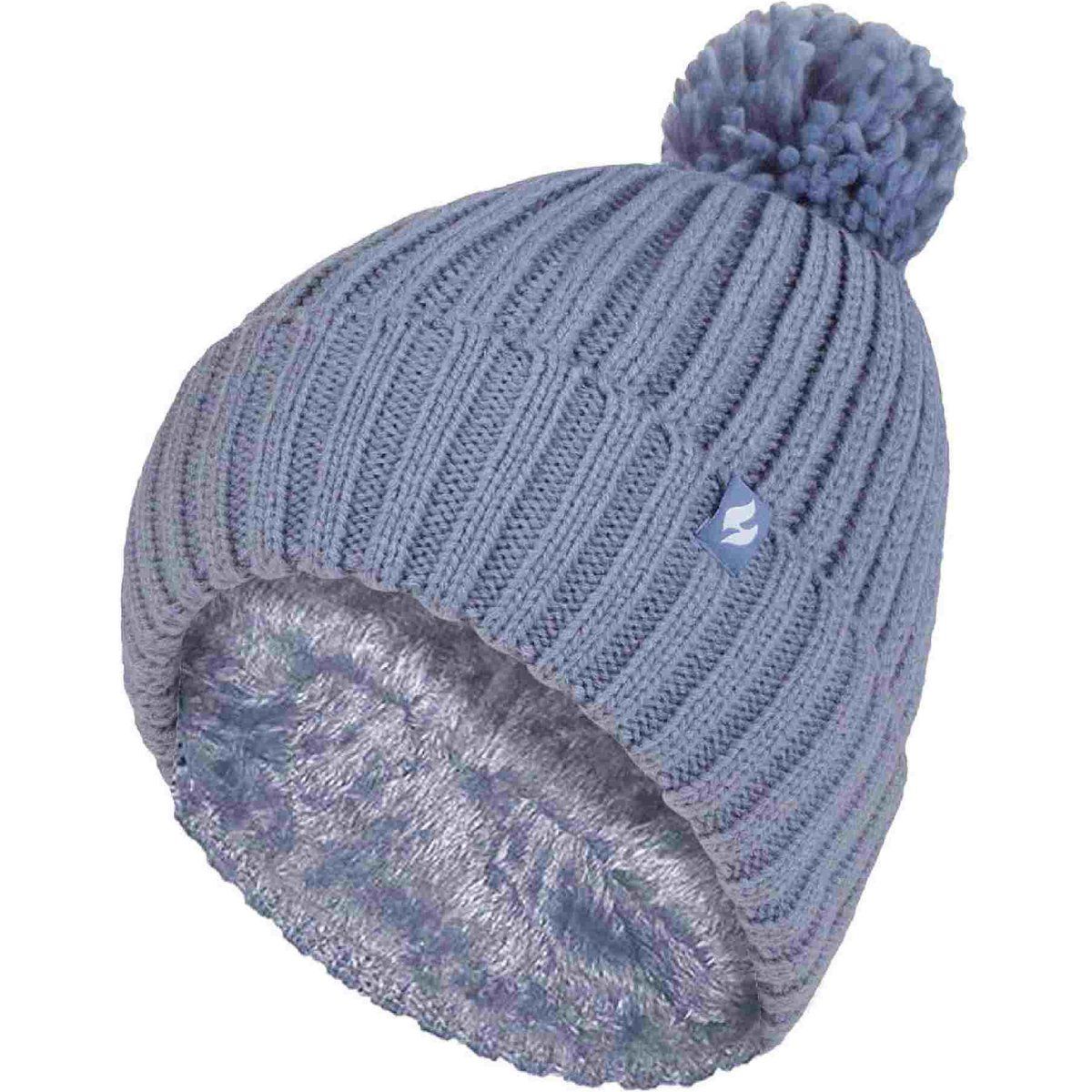 Damen Rippenmuster Umschlagmütze mit thermoisolierender Winter-Pompon-Bobble