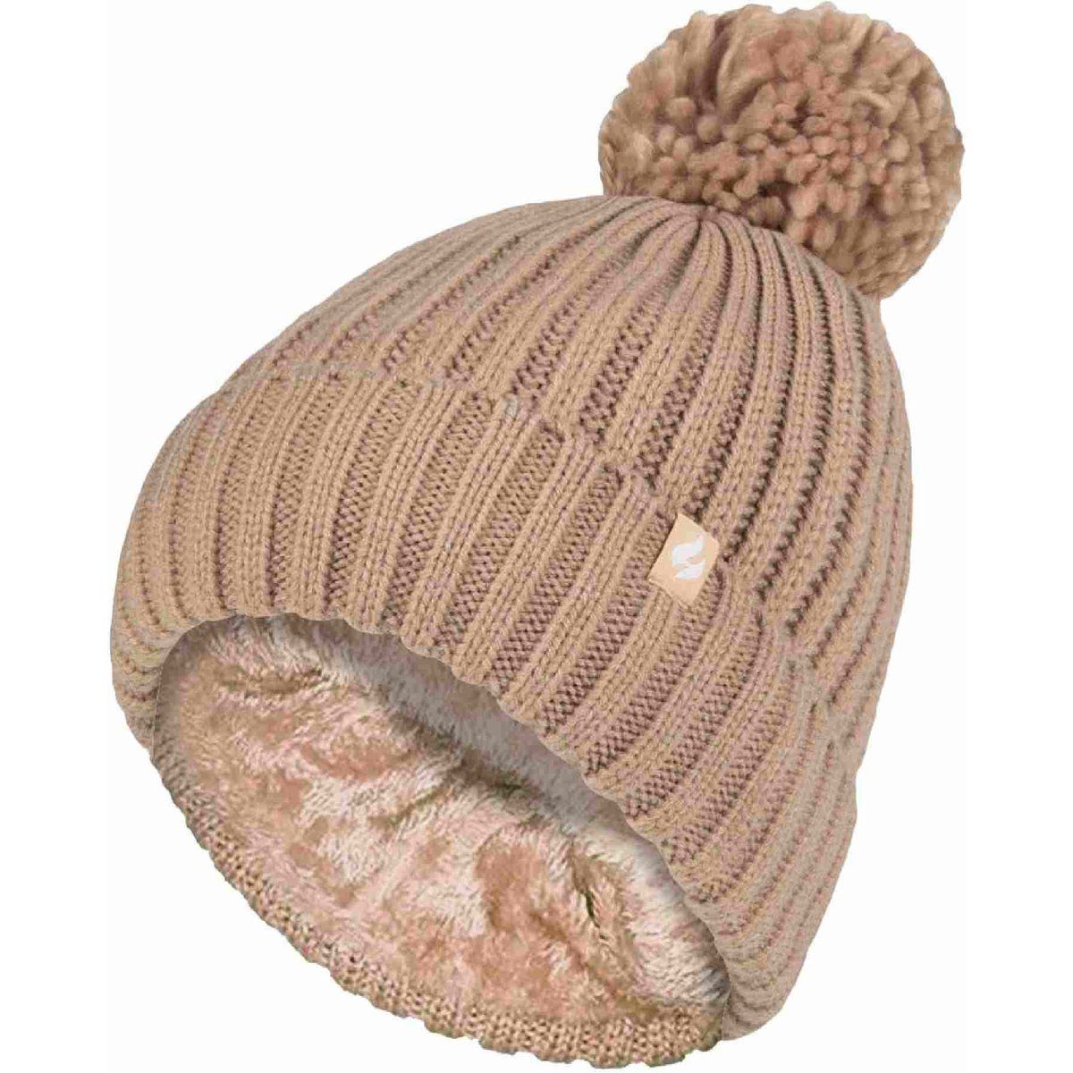 Damen Rippstrick Mütze mit Umschlag und Thermoisolierung mit Pompon