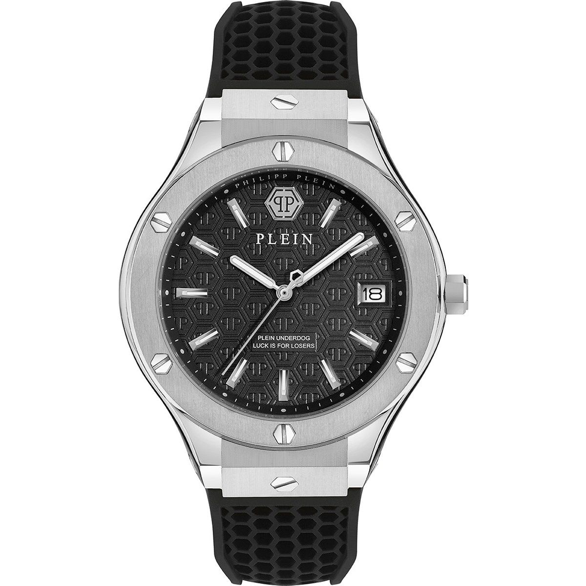 Moderne silberfarbene Uhr mit schwarzem Armband