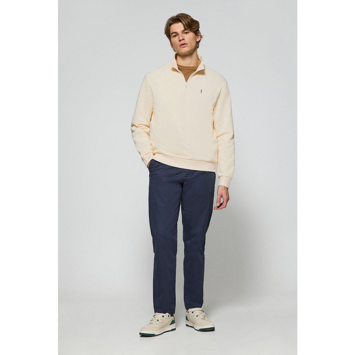 Herren Ecru Sweatshirt mit halbem Reißverschluss