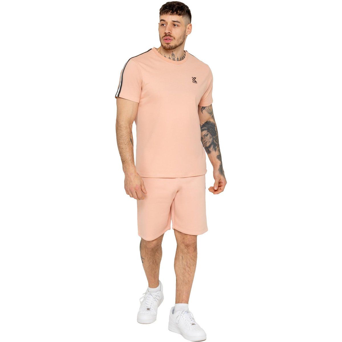 Herren Pfirsichfarbenes T-Shirt & Shorts Set mit Streifen