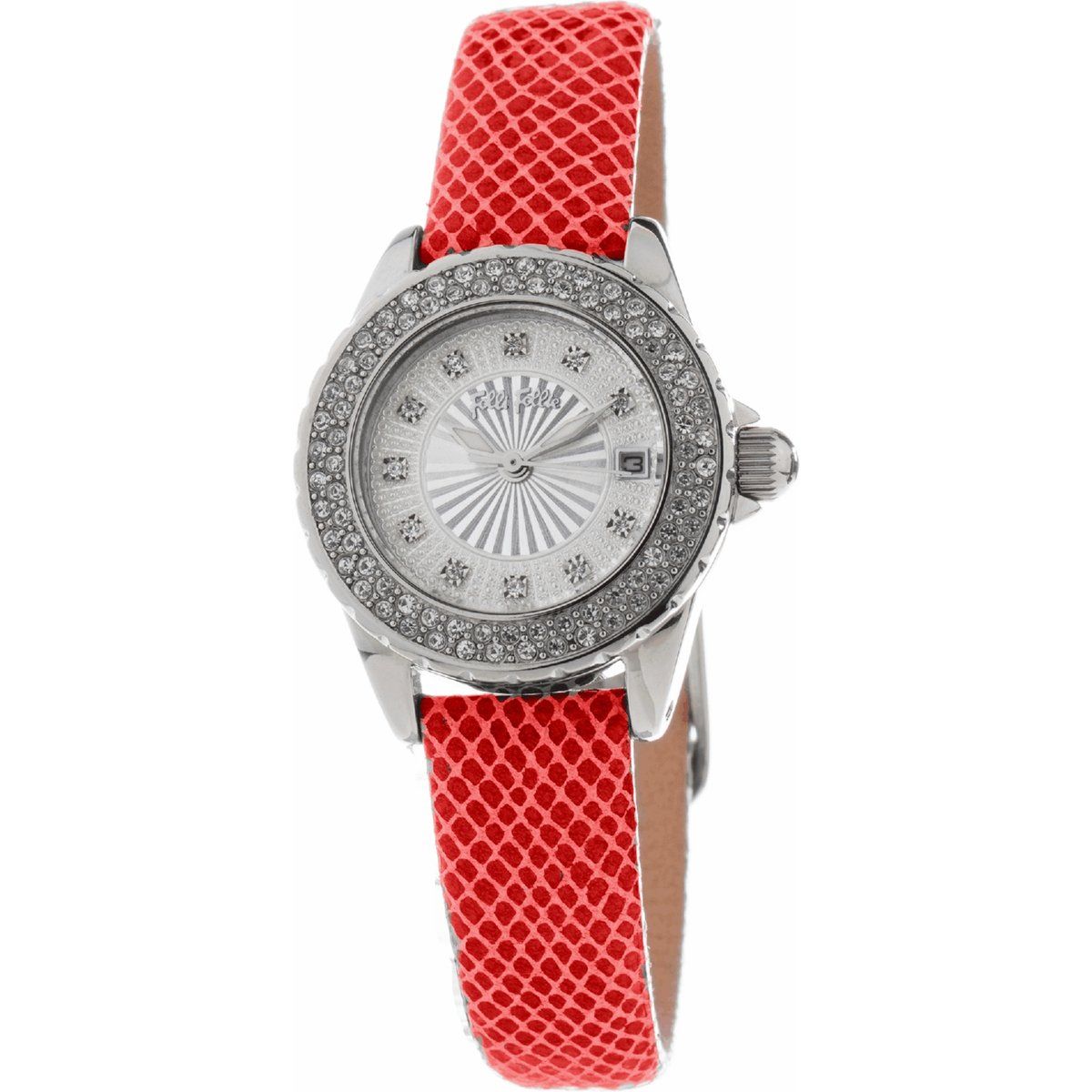 Elegante silberfarbene Uhr mit rotem Lederband