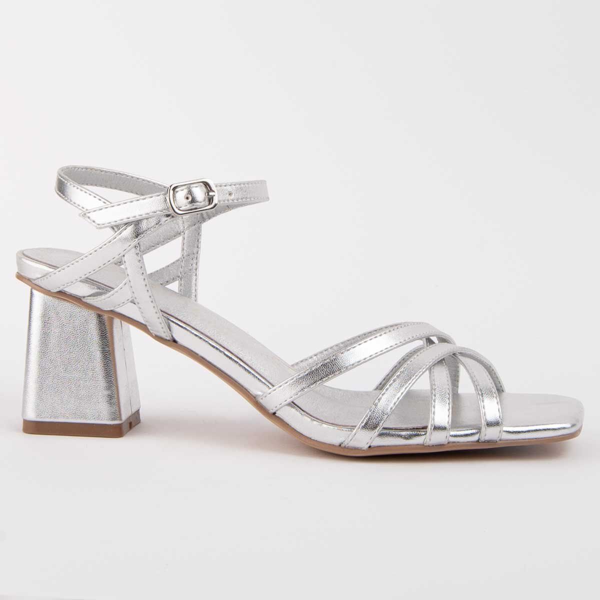Silberne Riemchensandalen mit Blockabsatz