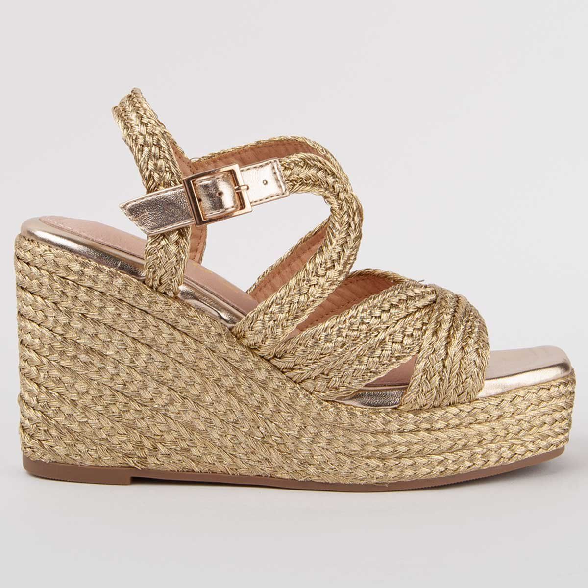 Goldene Espadrille-Sandalen mit Keilabsatz