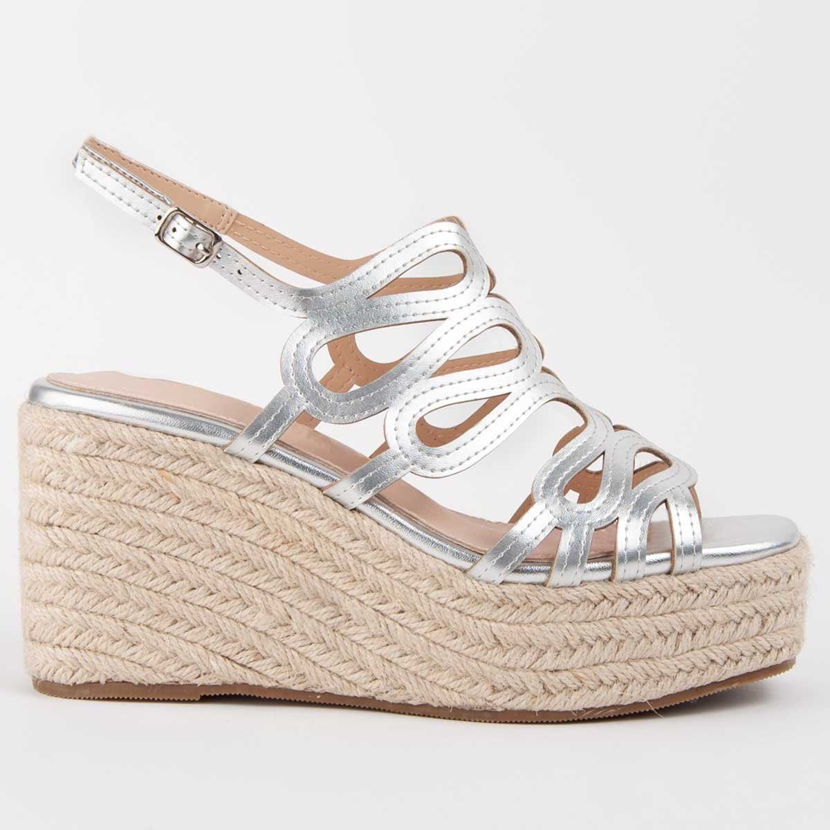 Silberne Espadrille Keilabsatz Plateau Sandalen
