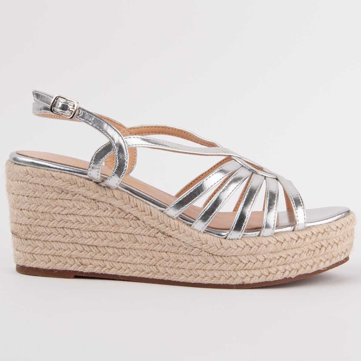 Silberne Espadrille-Keilsandaletten mit Plateau