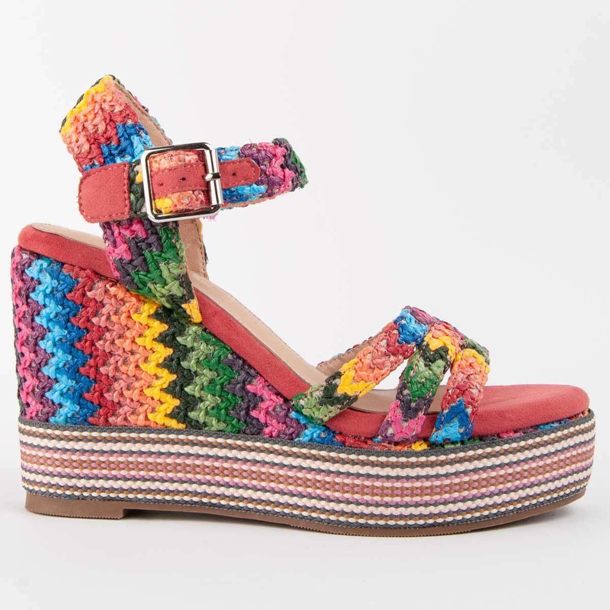 Rainbow-Häkel-Plateau-Sandalen mit Keilabsatz