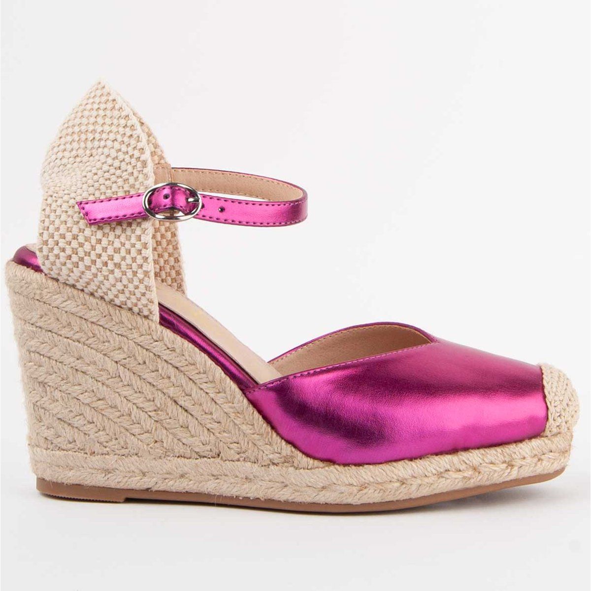 Pinkfarbene Metallic-Espadrille-Sandalette mit Keilabsatz