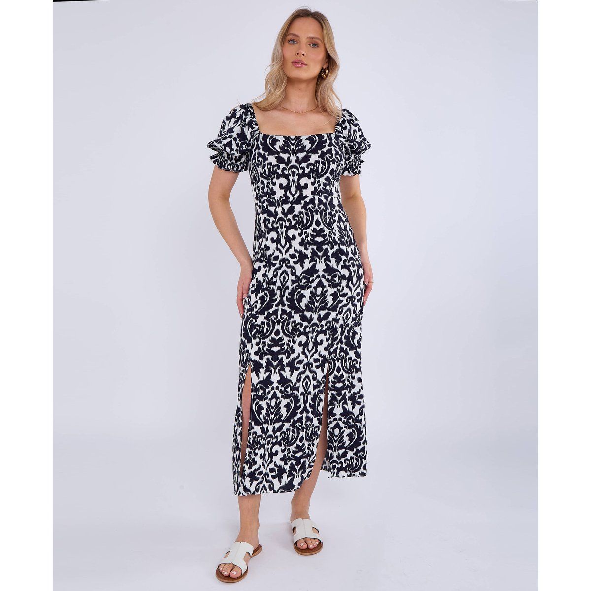 Bedrucktes Midikleid mit Puffärmeln
