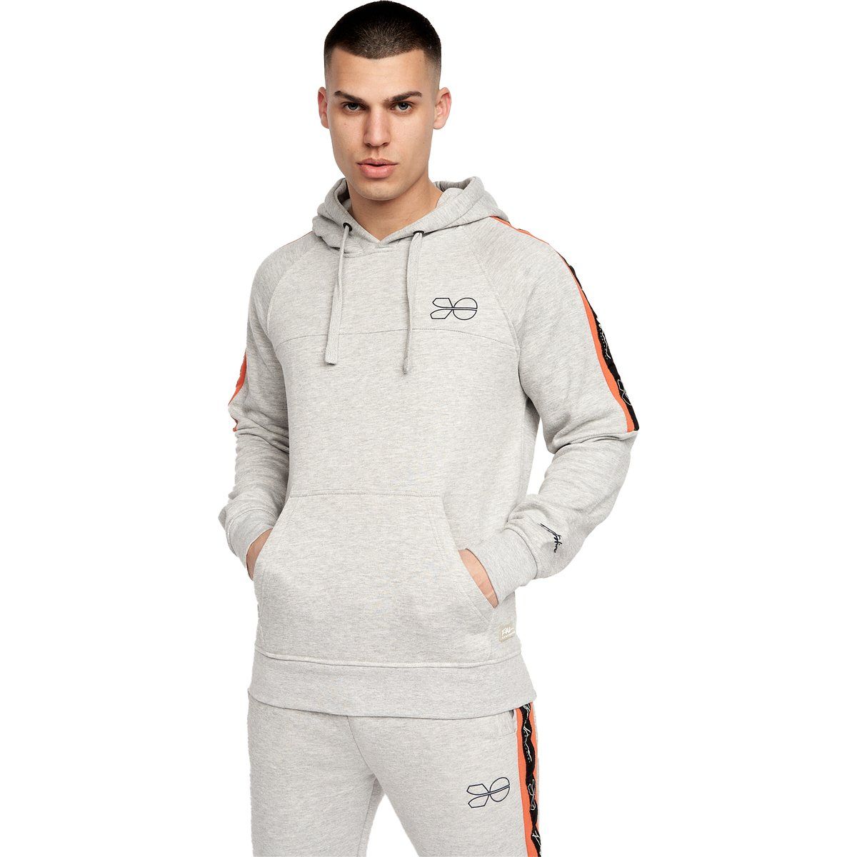 Graumelierter Kapuzenpullover mit Streifen
