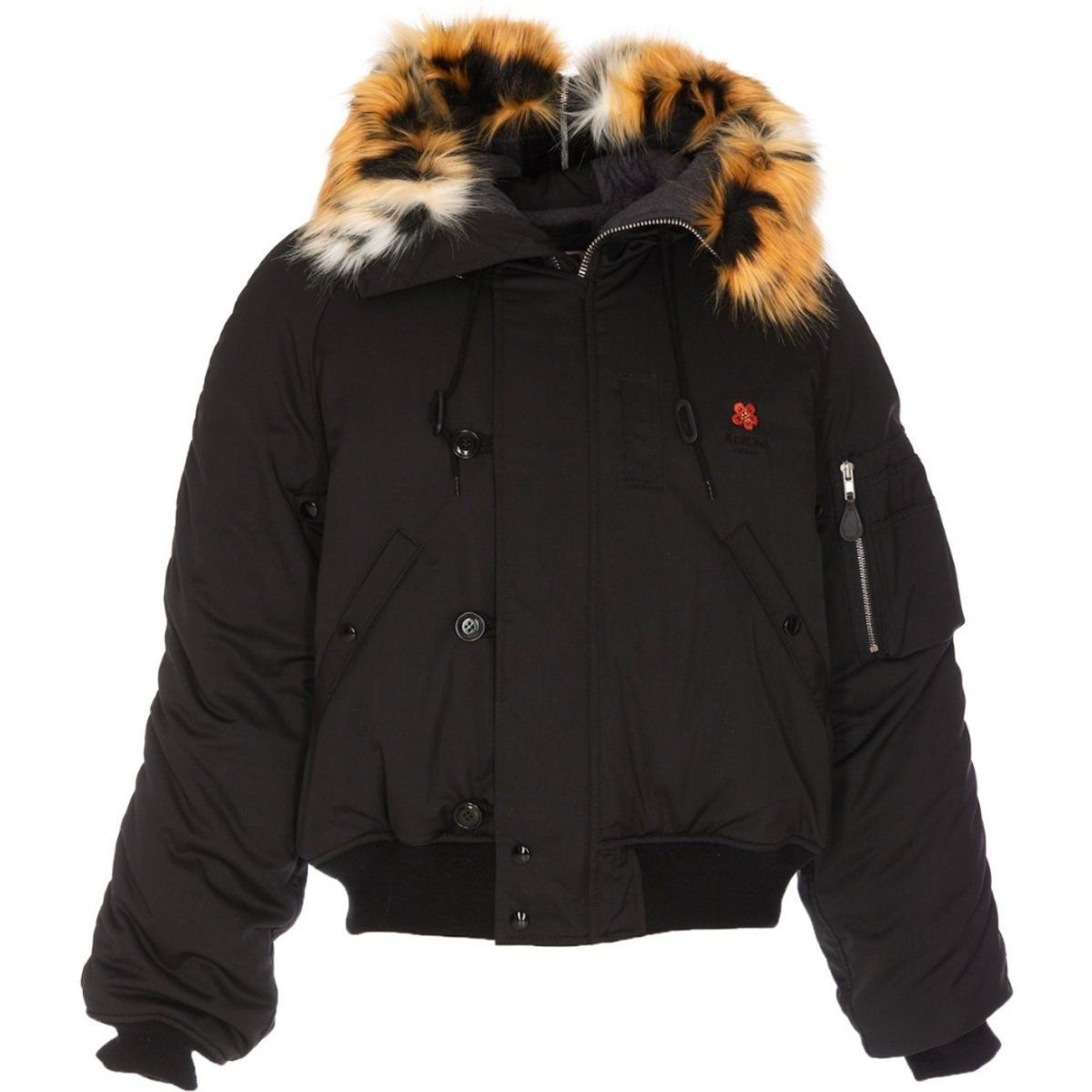 Schwarze gepolsterte Bomberjacke mit Pelzkapuze