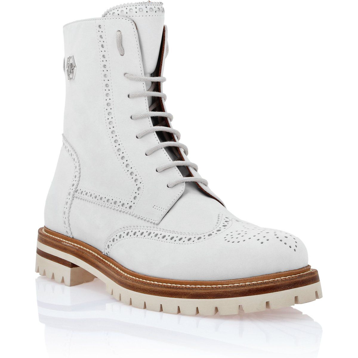 Weiße Schnürstiefel mit Flügelkappe aus Leder