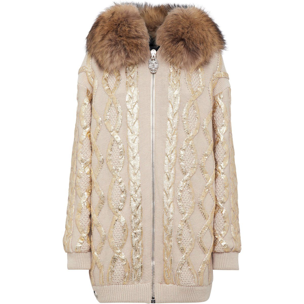 Strickjacke mit Zopfmuster und Pelzbesatz