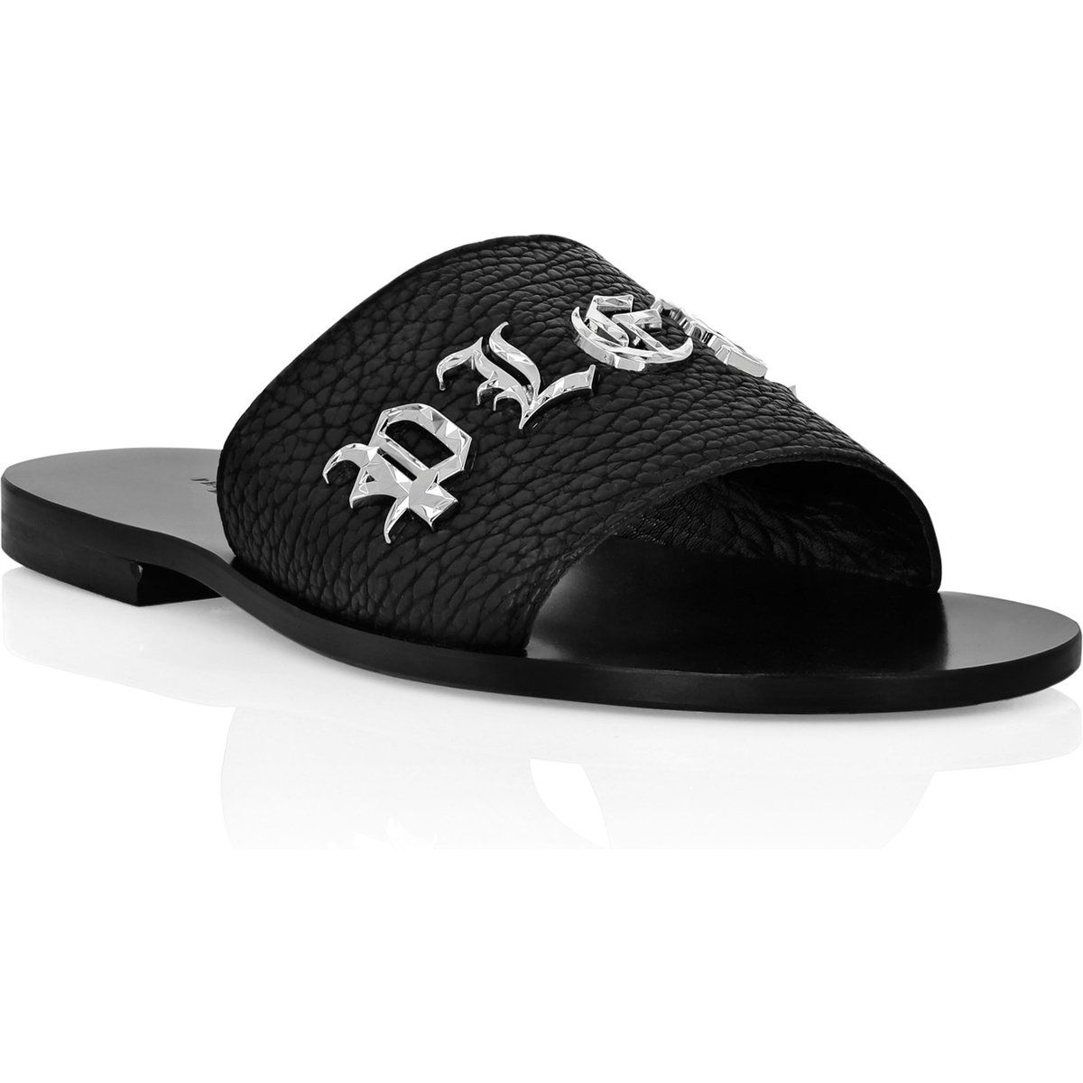 Gothic Leder Pantolette mit Schriftzug