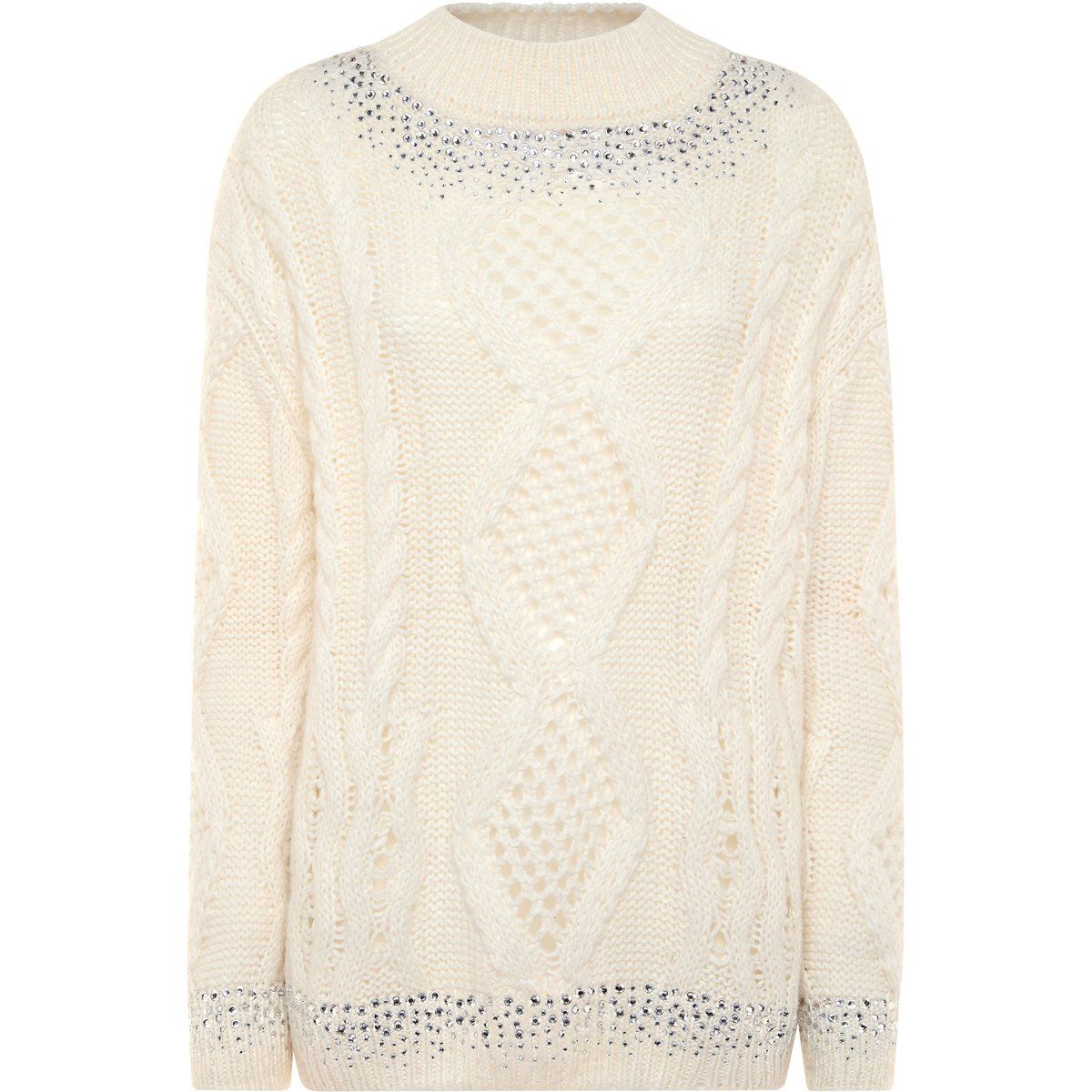 Zopfstrickpullover mit Rundhalsausschnitt und Schmucksteinen