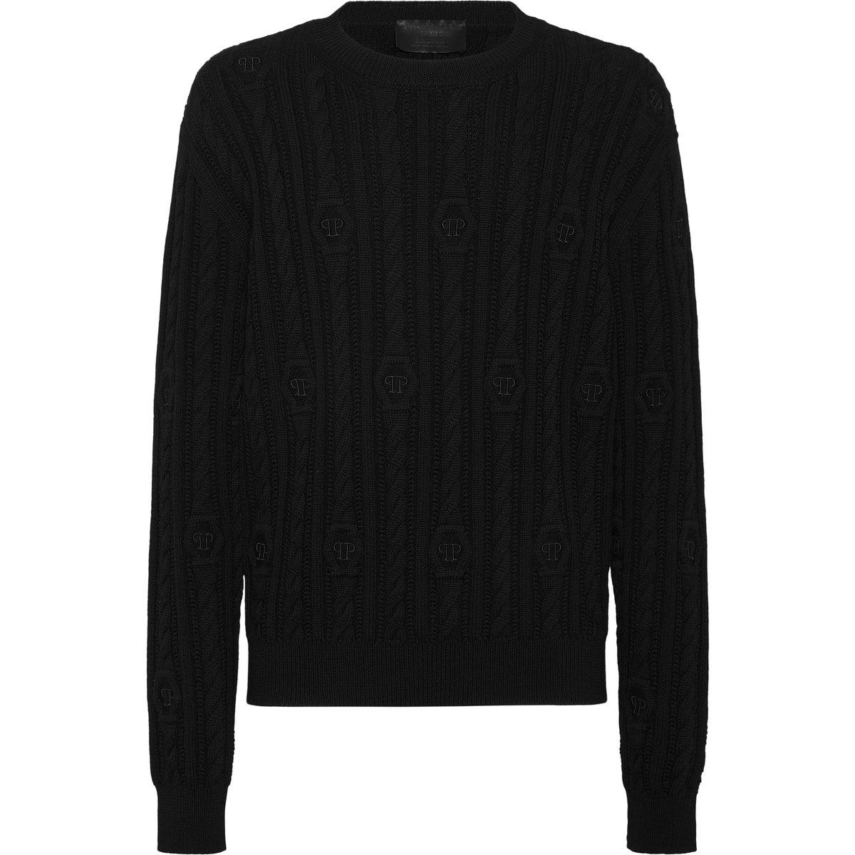 Jacquard-Logo Zopfmuster-Wollpullover
