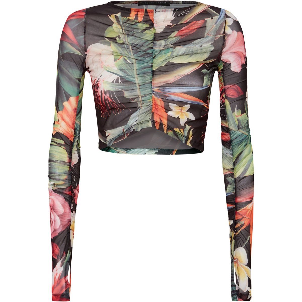 Gerafftes Mesh Crop Top mit Blumendruck