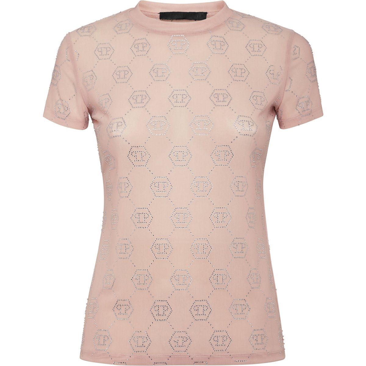Durchsichtiges Monogramm-T-Shirt mit Strasssteinen