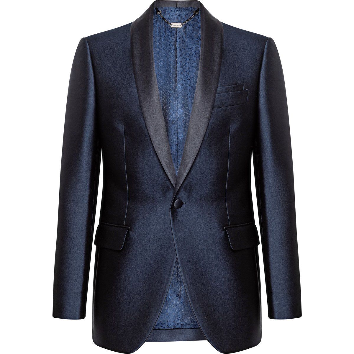 Marineblaues Satin-Smokingjackett mit Schalkragen