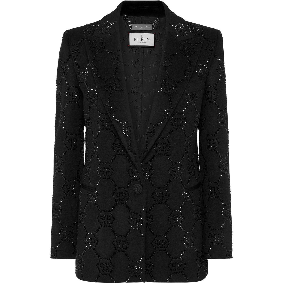 Schwarzer, verzierter, kastenförmiger Wollblazer