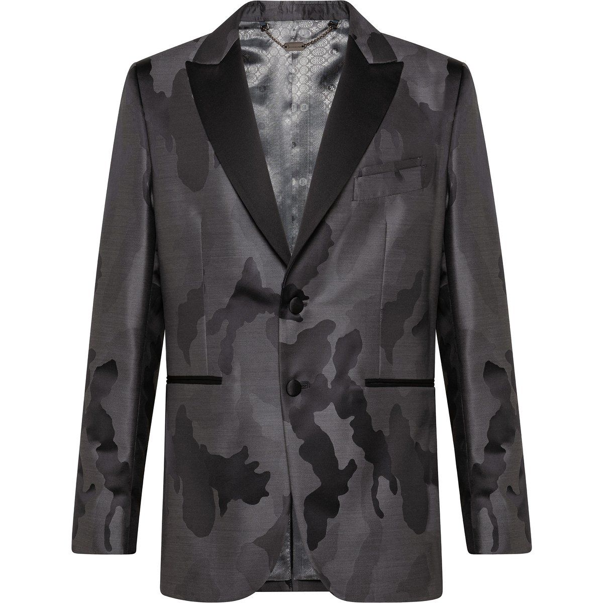 Sakko mit Camouflage-Muster und Satinbesatz