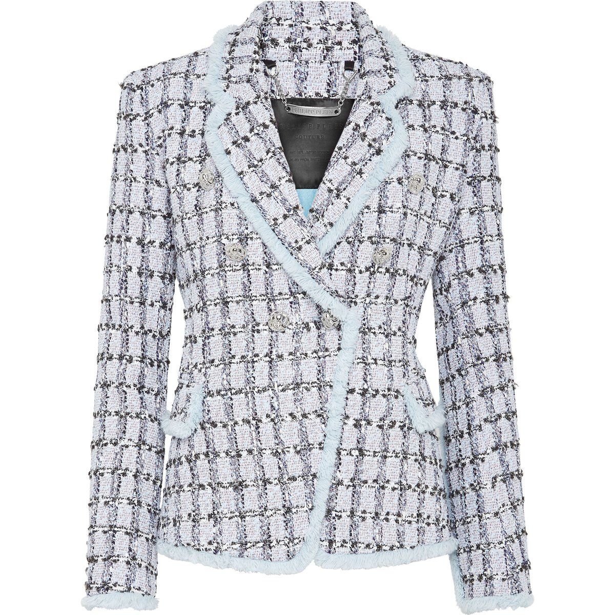 Tweed Doppelreiher Blazer mit Fransenbesatz