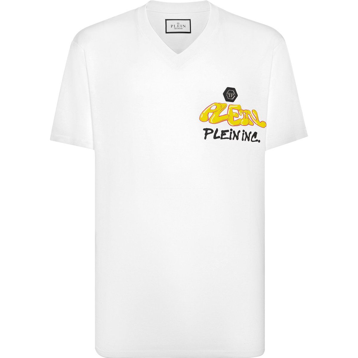 Baumwoll T-Shirt mit Graffiti-Schriftzug und V-Ausschnitt