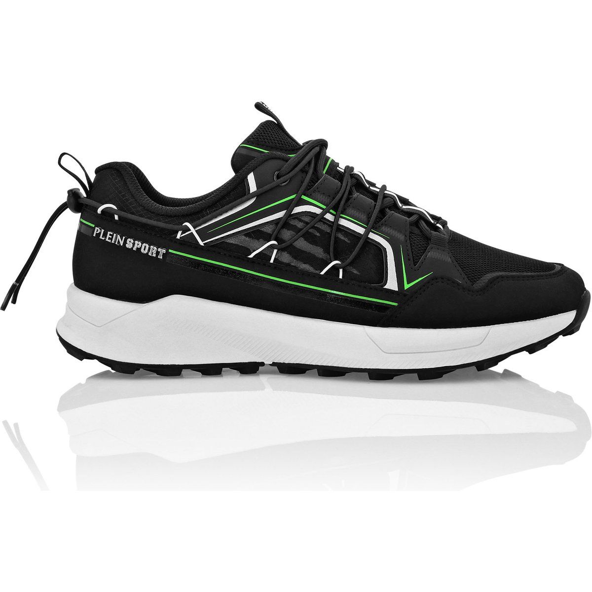 Schwarzer sportlicher Laufschuh mit grünen Akzenten