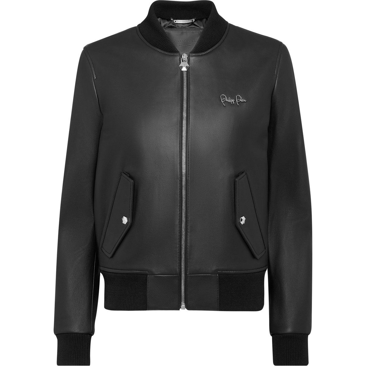 Schwarze Leder Bomberjacke mit Logo