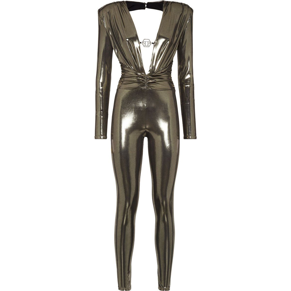 Drapierter Lamé-Jumpsuit mit Langarm