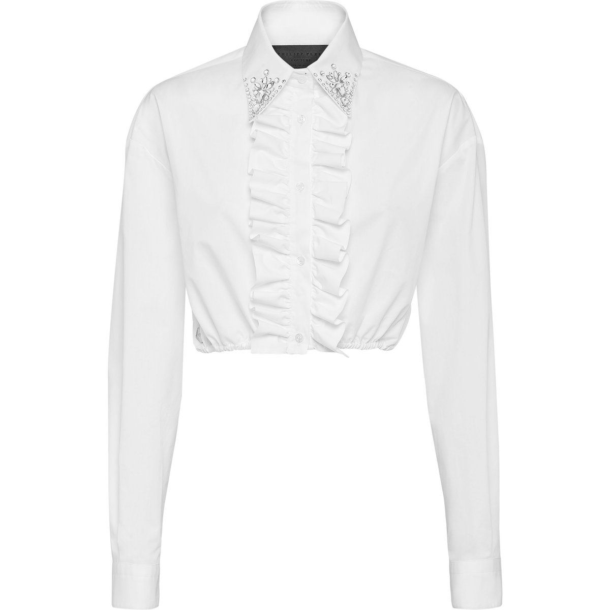 Kurze Popeline-Bluse mit Rüschen und Strasssteinen