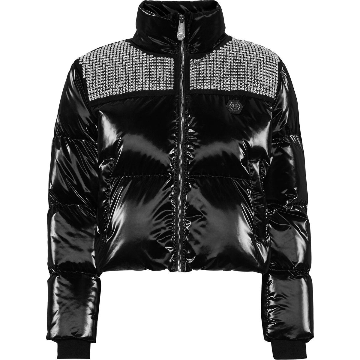 Glänzende schwarze Pufferjacke mit Schmucksteinen