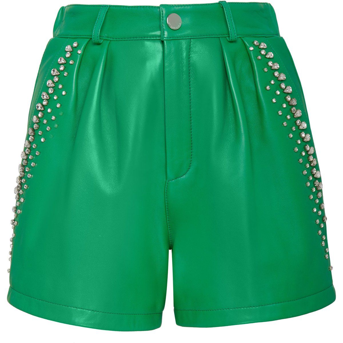 Grüne Leder-Shorts mit Strasssteinen