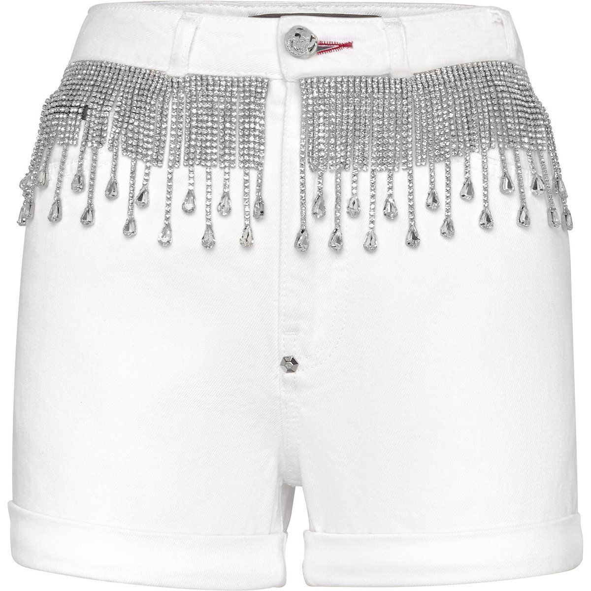 Weiße Denimshorts mit Strassfransen