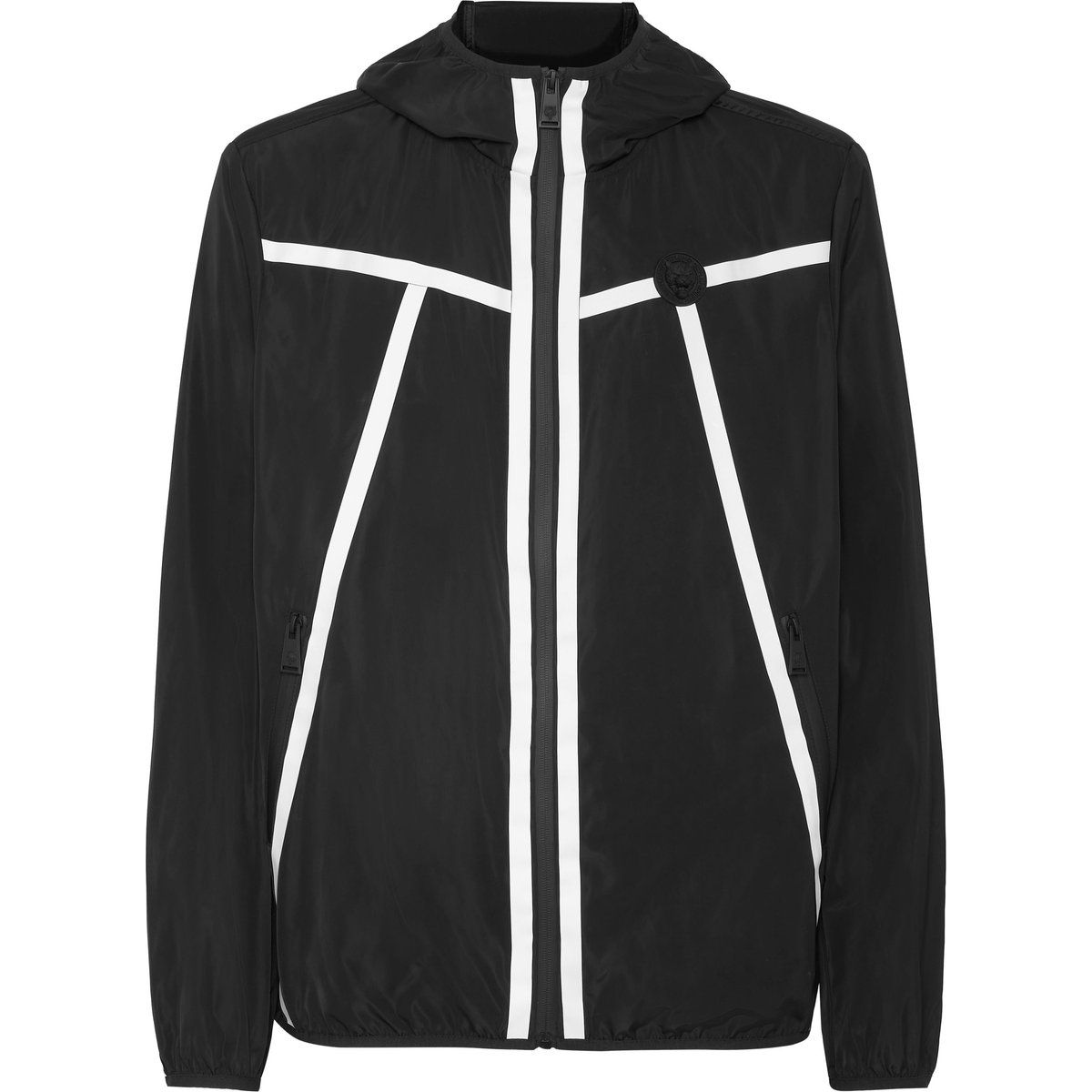 Schwarze Windjacke mit Kapuze und weißen Streifen